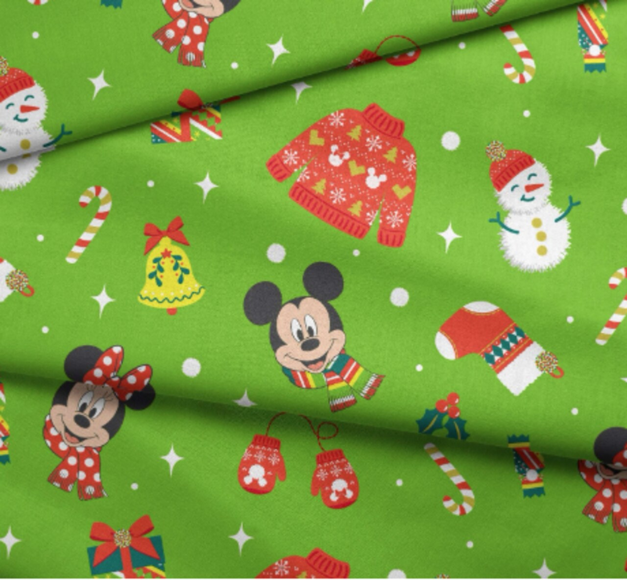 Licensed Disney Print Mickey & Minnie Christmas Icon Green Cotton Fabric by the Yard